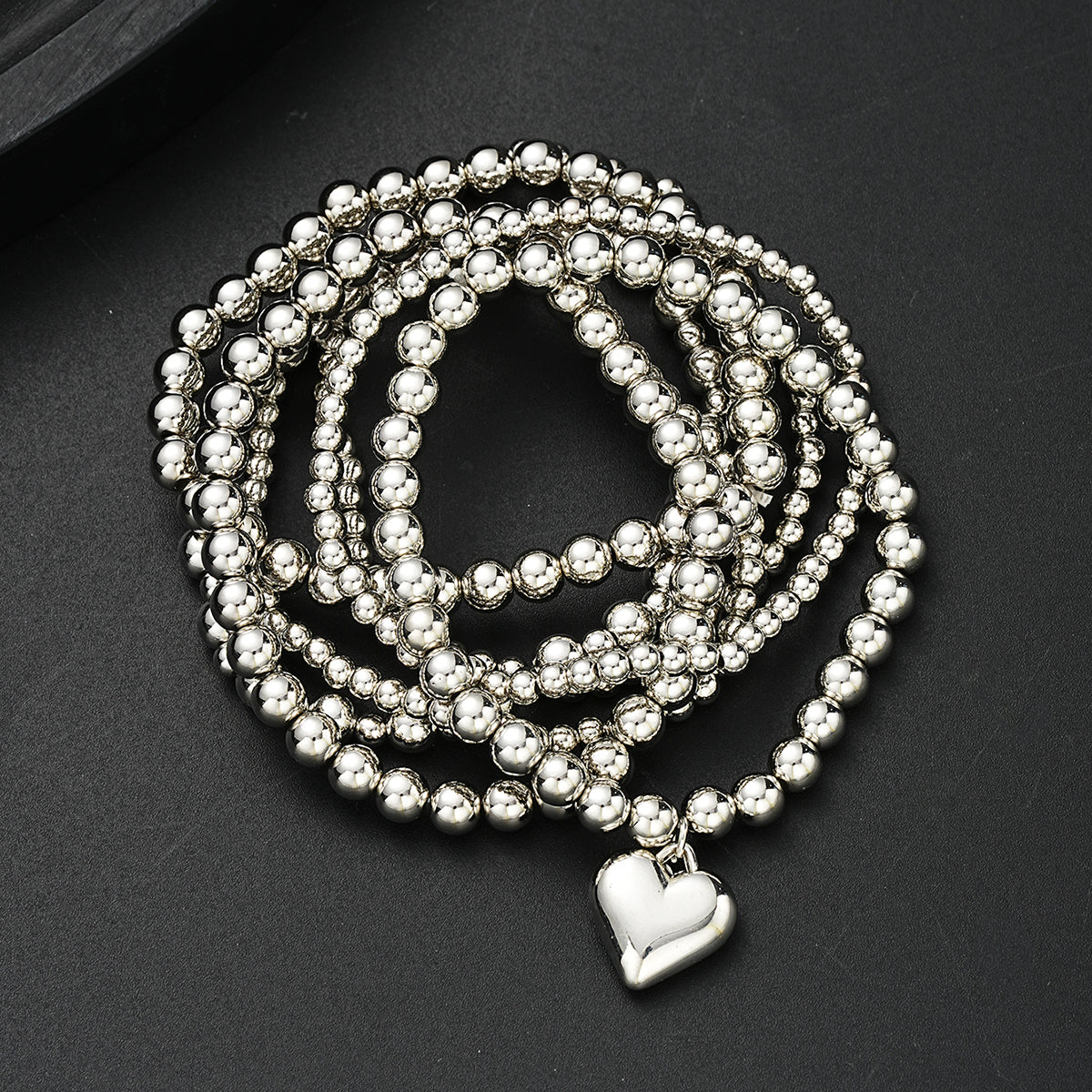 7pc Silver Heart Charm Beaded Bracelet Set